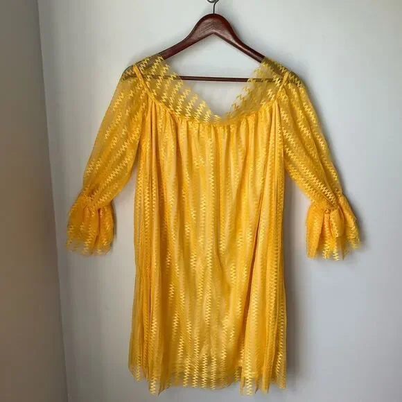 Lace overlay Sheer ZigZag Off Shoulder Pullover Minidress, L. Marigold! Volup! - Picture 4 of 16